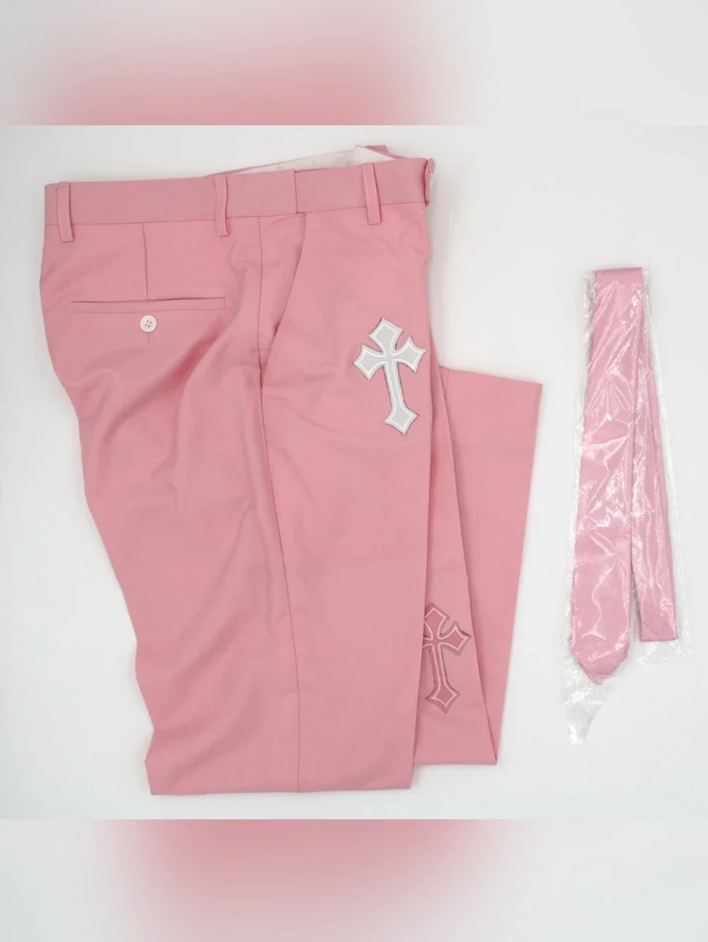 MOGU Pink Double Breasted 2-Piece Suit 30/29 Custom Cross Patches Prom Wedding